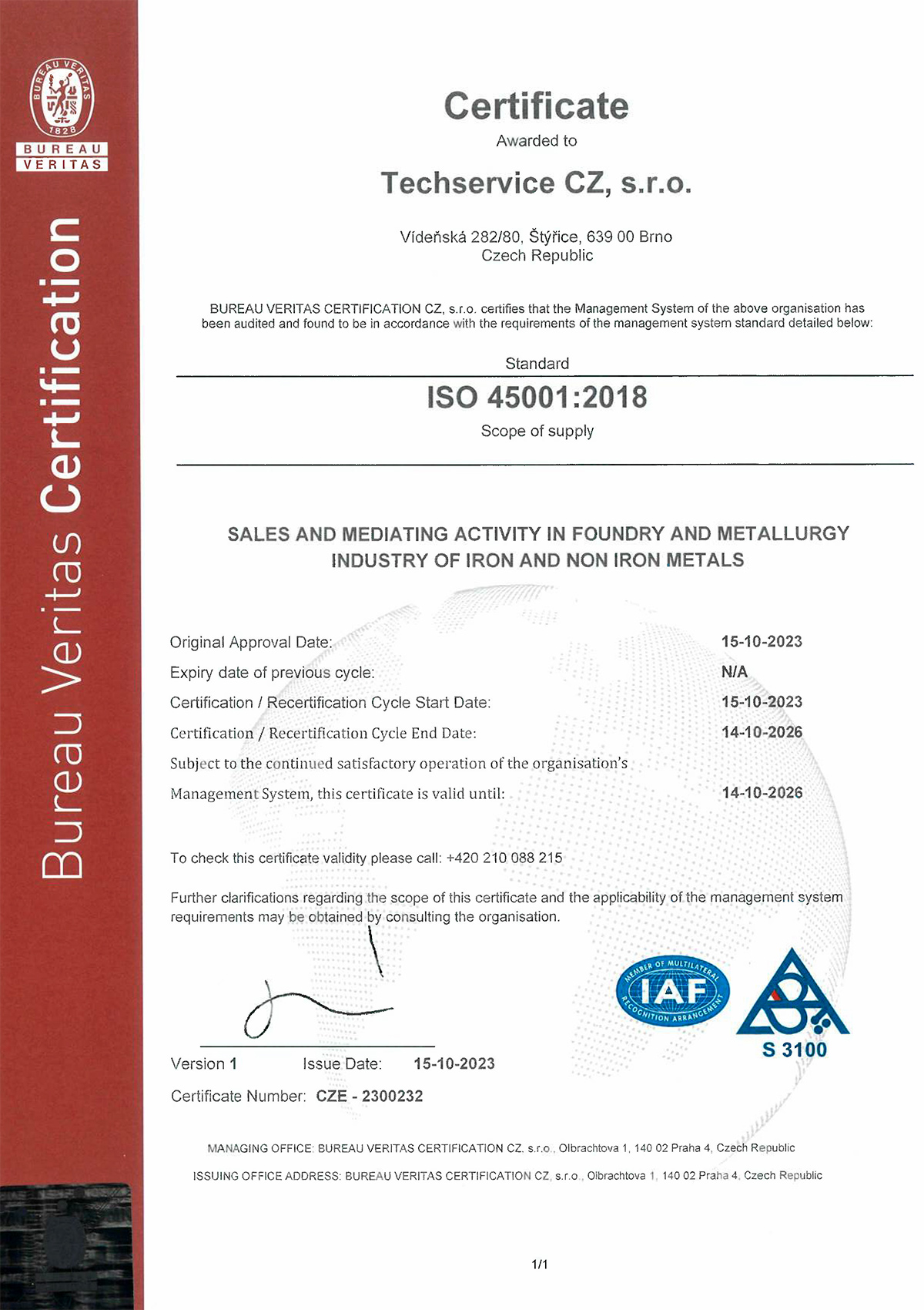 Certifikaty Techservice CZ HSMS 45001 1